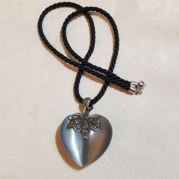 VTG Blue Cats Eye Quartz Marcasite Sterling Necklace - Picture 6 of 6